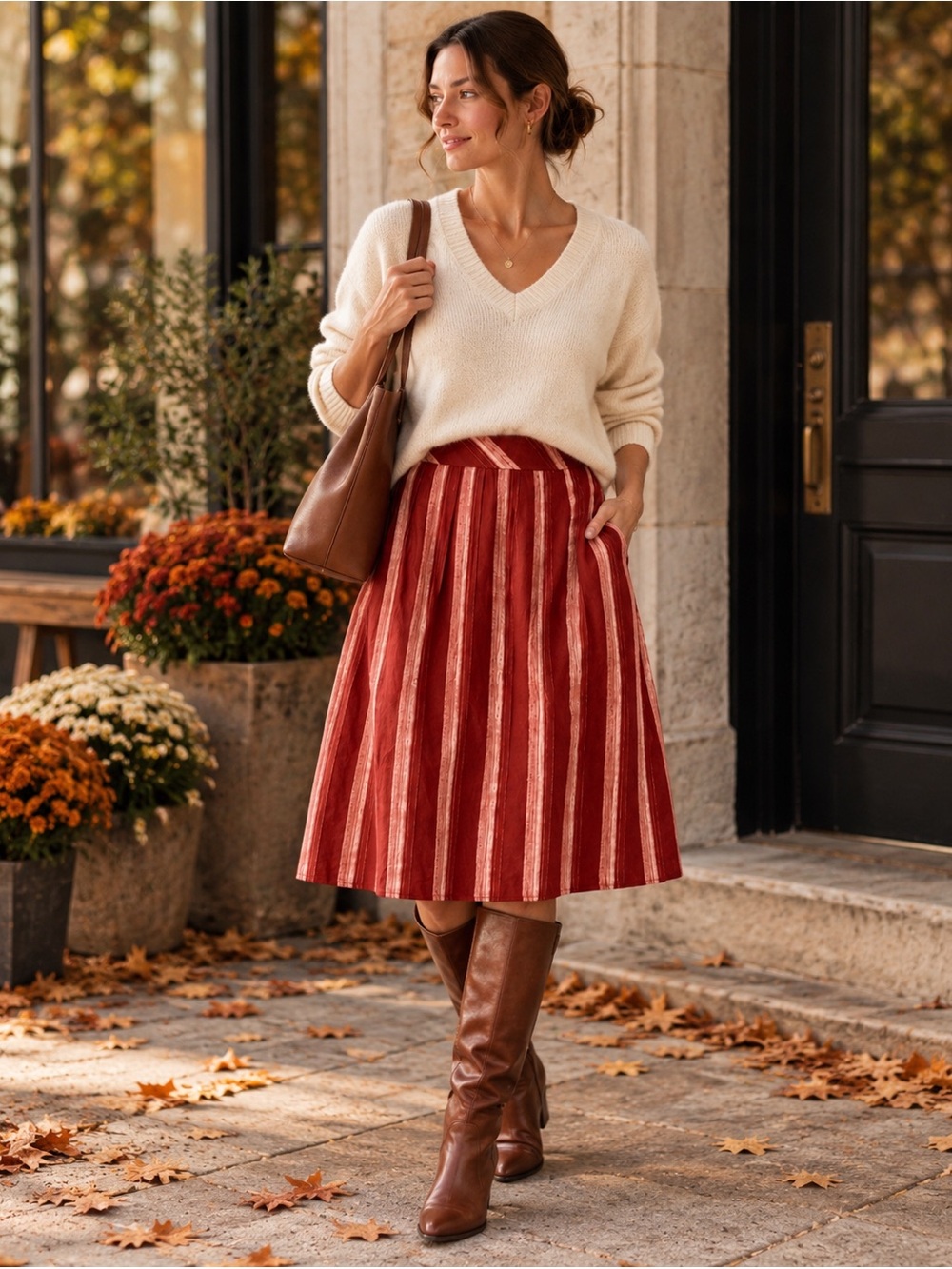 Coldwater Creek Linen Blend Midi Skirt Women’s 8 Rust Pink Stripe A-Line